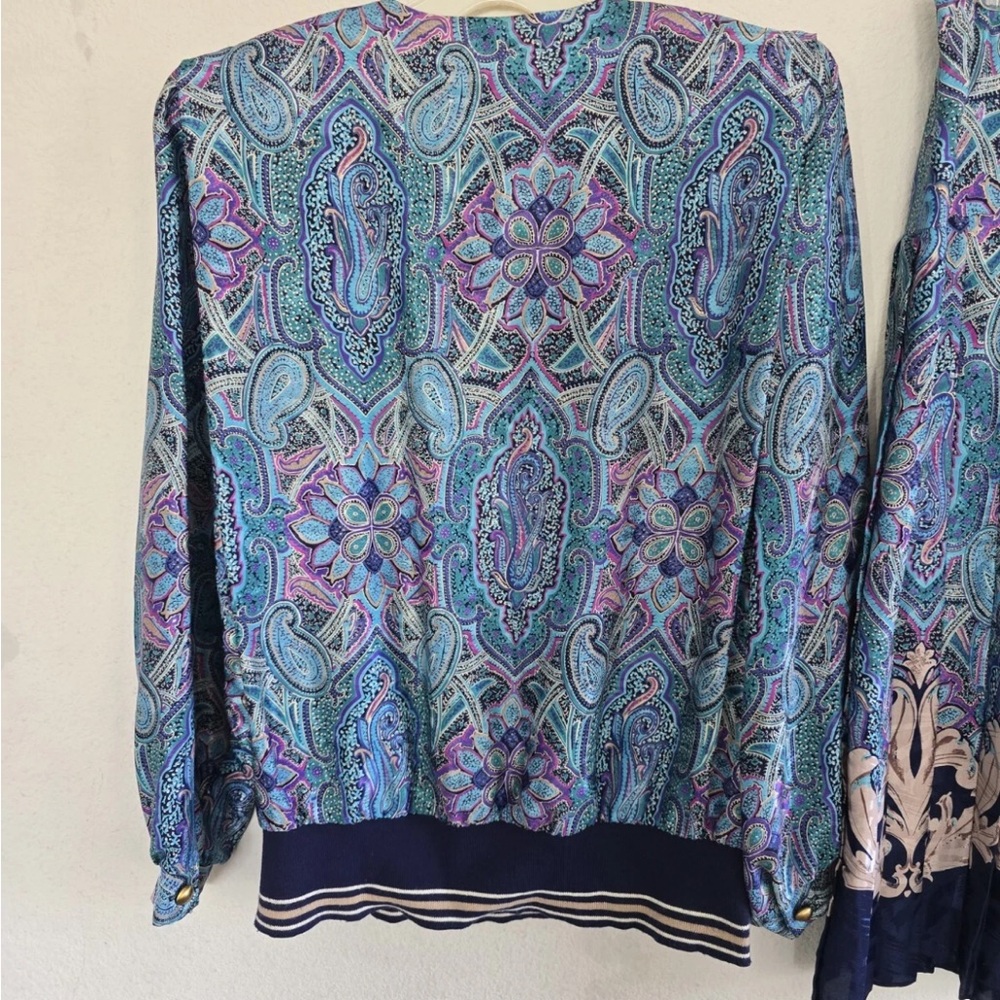 VTG Evanna 2Piece Skirt Suit 14 Paisely Blue Pink Long Sleeve  Button Up Career - Picture 13 of 16